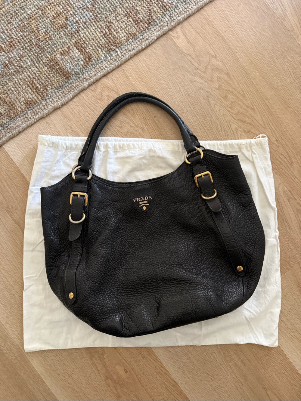 Prada Black Pebbled Leather Shoulder Bag with Gold Hardware
